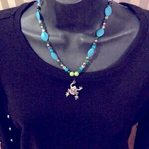 2$30 New silver frog necklace on beaded chain in blue